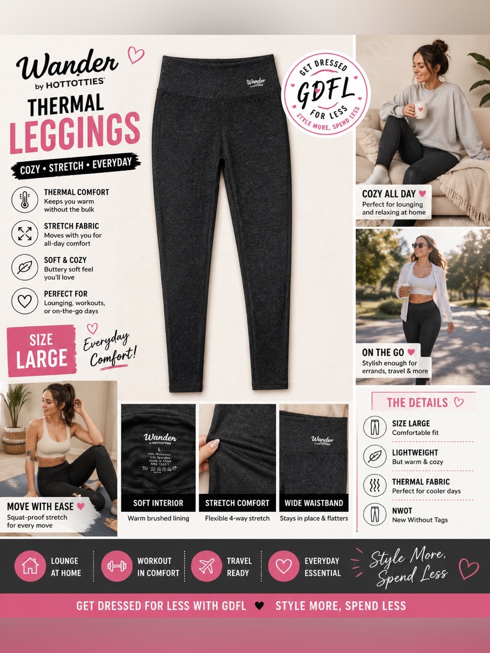 Wander by Hottotties Natalie Thermal Leggings NWOT Large Black Gray Stretch